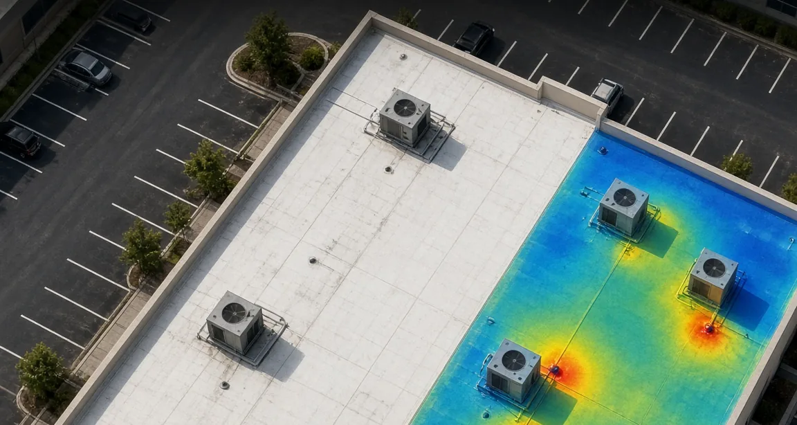 Aerial view of a white TPO roof. The right side shows an infrared scan with warm spots at two rooftop unit curbs.